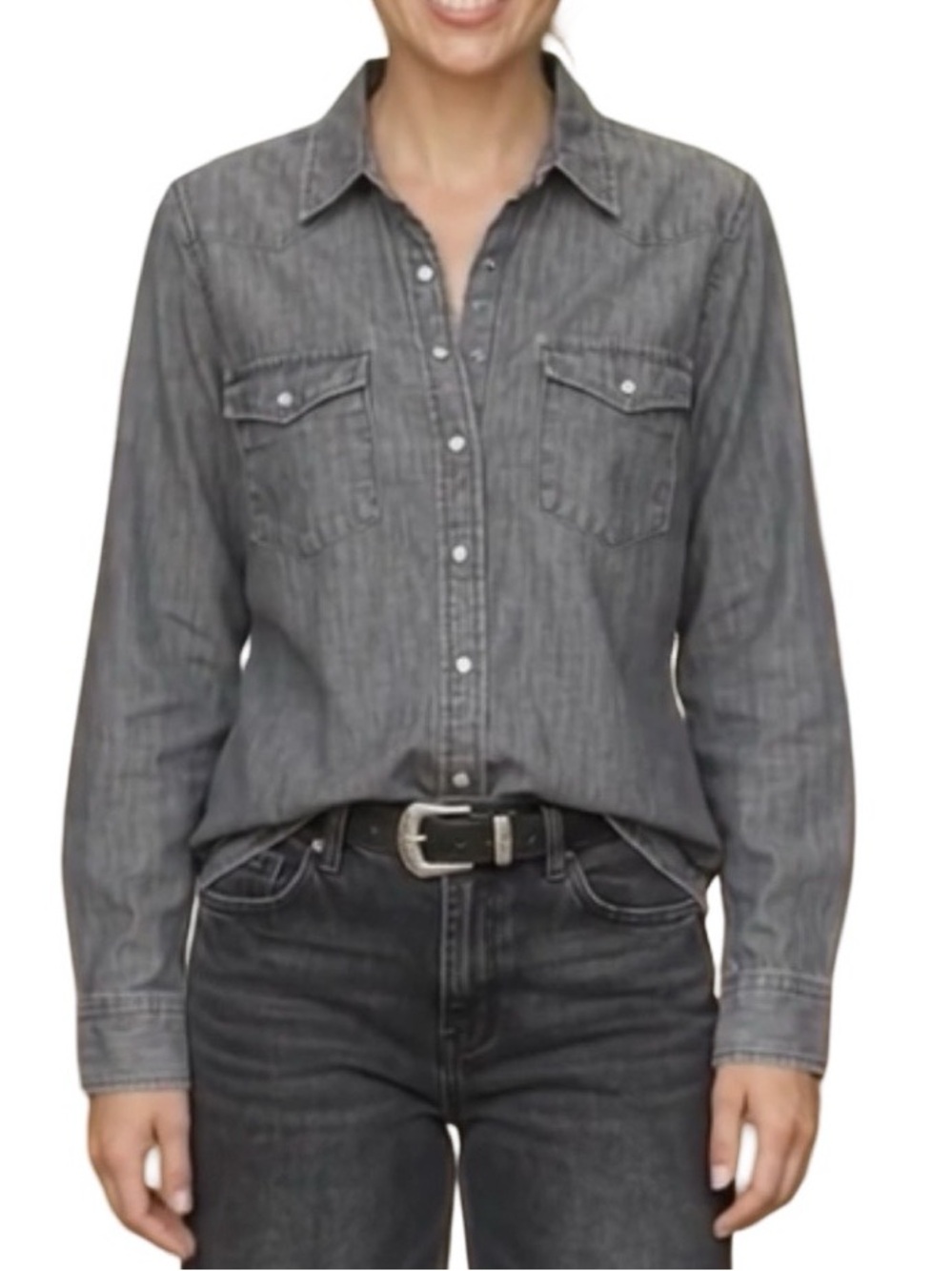 Old Navy Grey Cotton Button-Up Shirt Medium Denim Look Top Casual Western